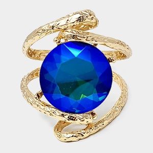 Gold textured detail Round large blue crystal stone hinged bracelet